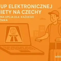 Kup e-winiety Czechy wygodnie online na winiety24.eu. Grafika przedstawia podróżnika z walizką i plecakiem przed laptopem z symbolem autostrady.