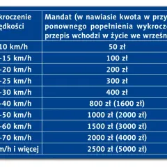 Tabela z mandatami za prędkość. Im większe przekroczenie, tym wyższa kara, a przy recydywie kwoty rosną.