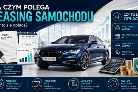 Leasing samochodu: umowa, kalendarz rat, kluczyki, kalkulator i stos monet. Sprawdź, czy leasing operacyjny się opłaca.