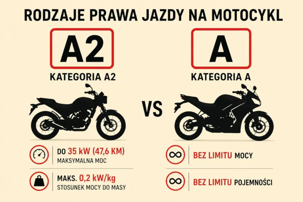 Porównanie kategorii A2 i A prawa jazdy na motocykl. Kategoria A2 to motocykl do 35 kW, a A to bez limitu mocy i pojemności.