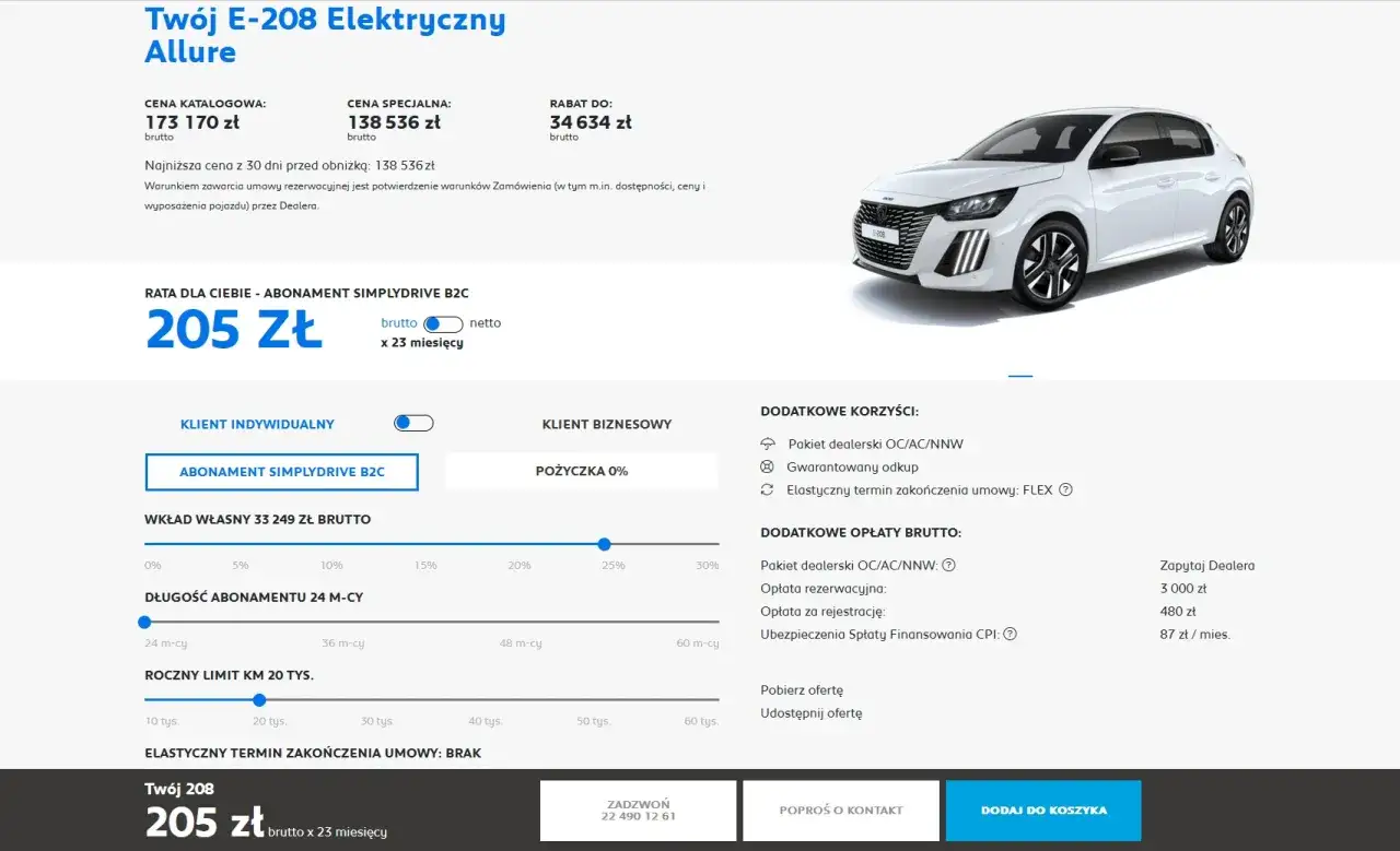 Peugeot E-208 Allure w abonamencie od 205 zł miesięcznie, to najtańszy wynajem długoterminowy. Sprawdź ofertę!