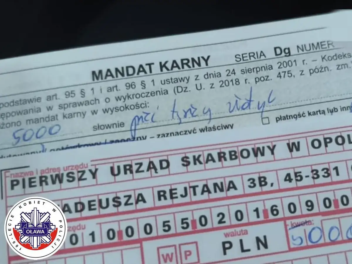 Mandat karny na 5000 zł za spowodowanie kolizji. Dokument zawiera dane urzędu skarbowego i adres.